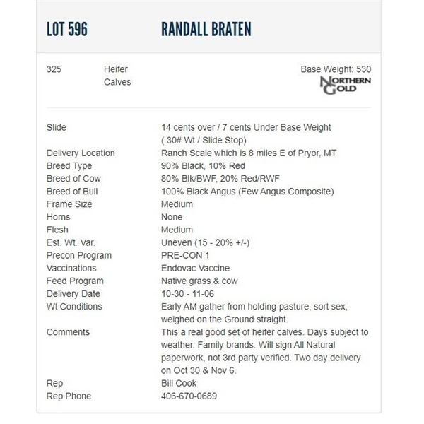 Randall Braten - 325 Heifers; Base Weight: 530