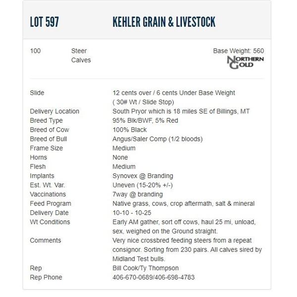 Kehler Grain & Livestock - 100 Steers; Base Weight: 560