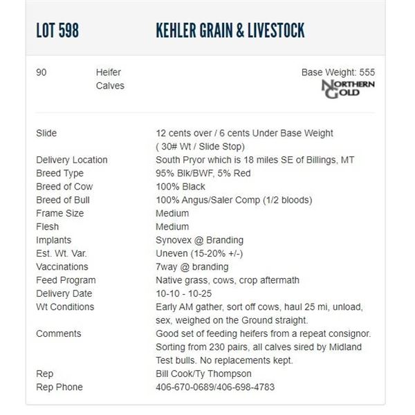 Kehler Grain & Livestock - 90 Heifers; Base Weight: 555