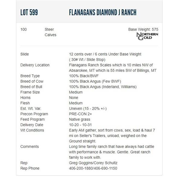 Flanagans Diamond J Ranch - 100 Steers; Base Weight: 575