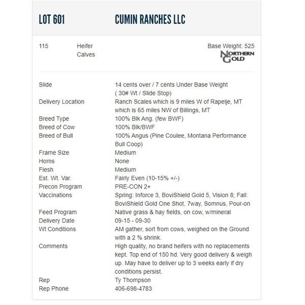Cumin Ranches LLC - 115 Heifers; Base Weight: 525