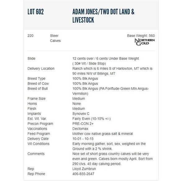 Adam Jones/Two Dot Land & Livestock - 220 Steers; Base Weight: 560