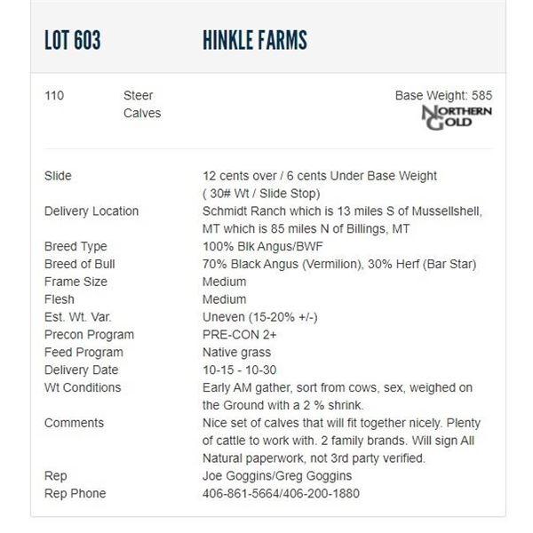 Hinkle Farms - 110 Steers; Base Weight: 585