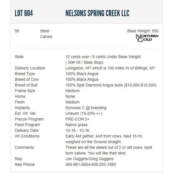 Nelsons Spring Creek LLC - 95 Steers; Base Weight: 590