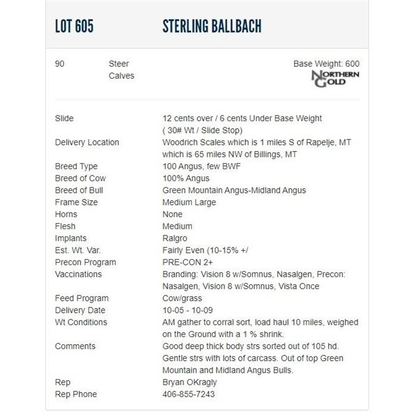 Sterling Ballbach - 90 Steers; Base Weight: 600