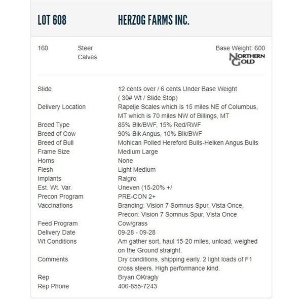 Herzog Farms Inc. - 160 Steers; Base Weight: 600