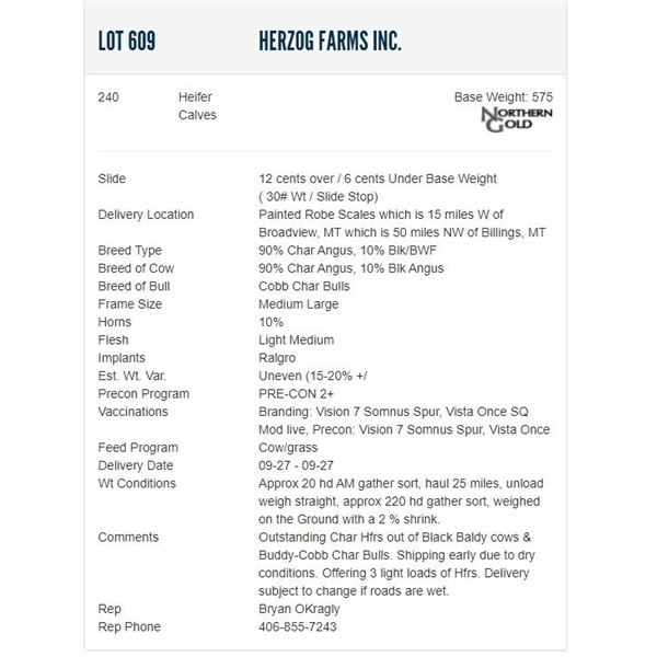 Herzog Farms Inc. - 240 Heifers; Base Weight: 575