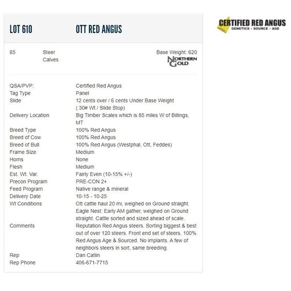 Ott Red Angus - 85 Steers; Base Weight: 620