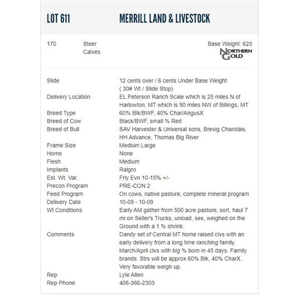 Merrill Land & Livestock - 170 Steers; Base Weight: 625
