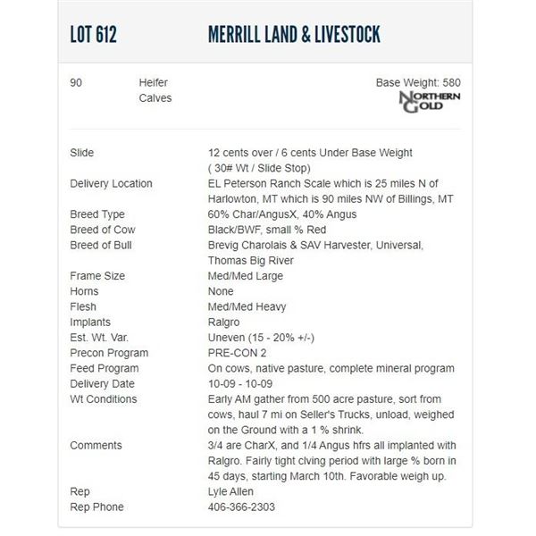 Merrill Land & Livestock - 90 Heifers; Base Weight: 580