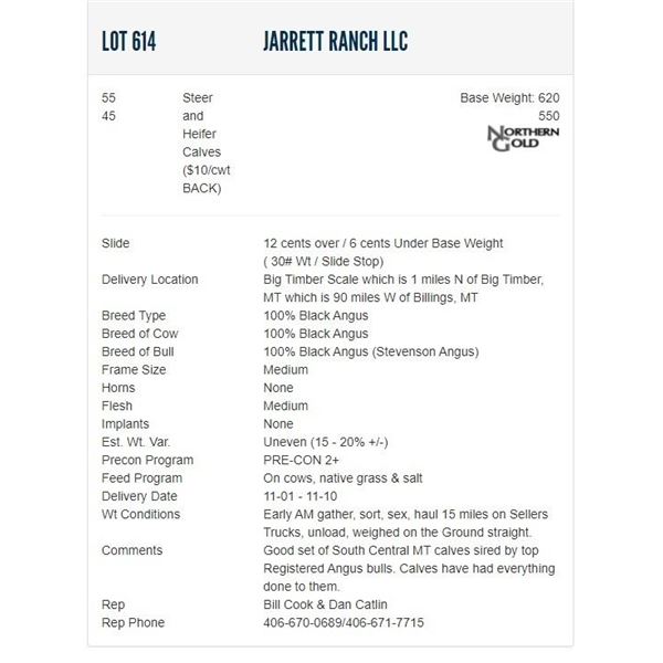 Jarrett Ranch LLC - 55/45 Steers/Heifers; Base Weight: 620/550