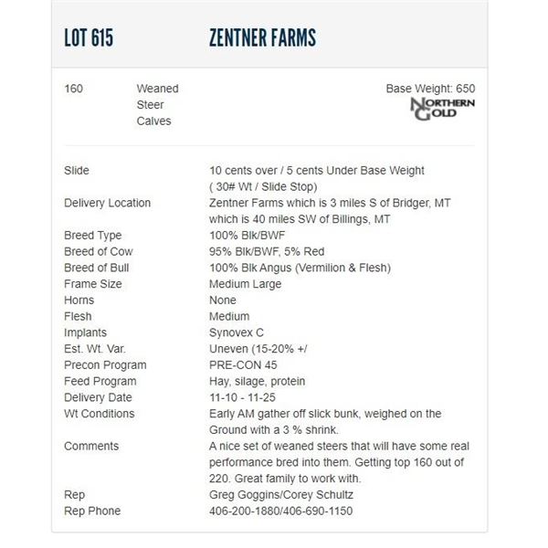 Zentner Farms - 160 Weaned Steers; Base Weight: 650