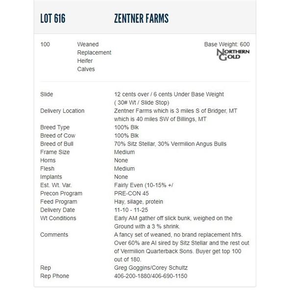 Zentner Farms - 100 Weaned Replacement Heifers; Base Weight: 600