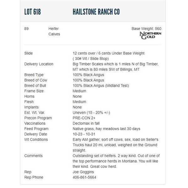 Hailstone Ranch Co - 89 Heifers; Base Weight: 560