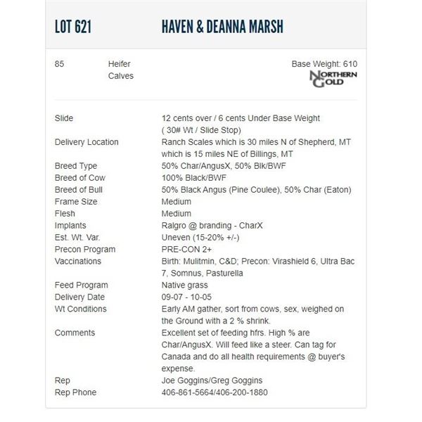 Haven & Deanna Marsh - 85 Heifers; Base Weight: 610