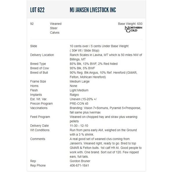 MJ Jansen Livestock Inc - 92 Weaned Steers; Base Weight: 650