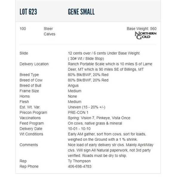 Gene Small - 100 Steers; Base Weight: 560