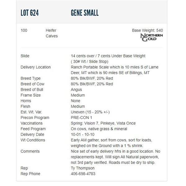 Gene Small - 100 Heifers; Base Weight: 540