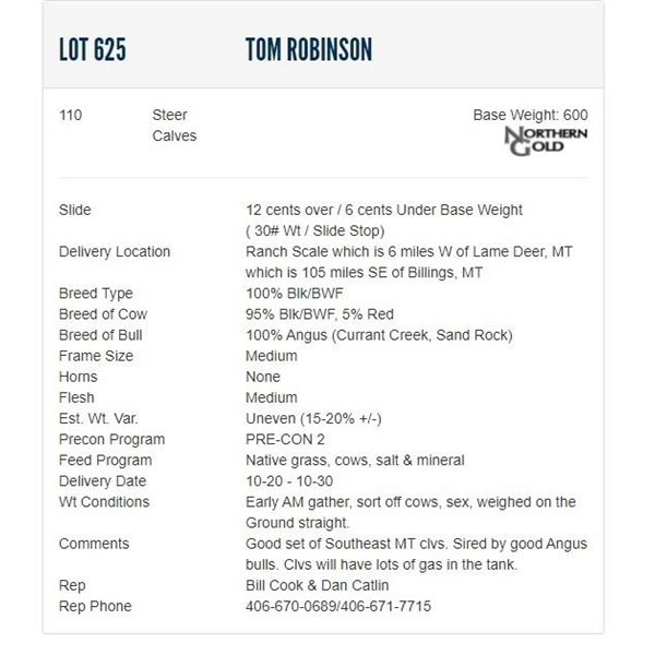 Tom Robinson - 110 Steers; Base Weight: 600