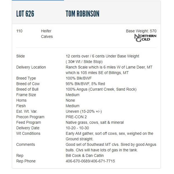 Tom Robinson - 110 Heifers; Base Weight: 570