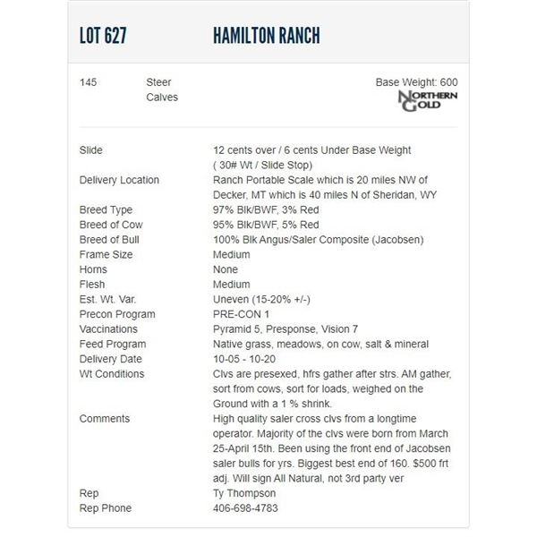 Hamilton Ranch - 145 Steers; Base Weight: 600