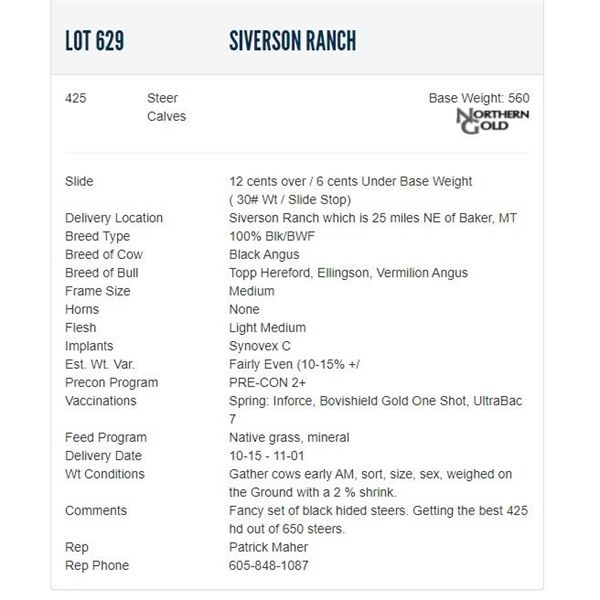 Siverson Ranch - 425 Steers; Base Weight: 560