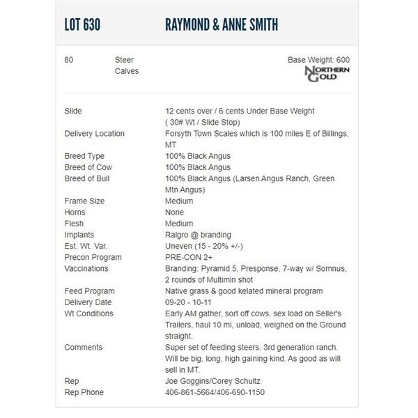 Raymond & Anne Smith - 80 Steers; Base Weight: 620