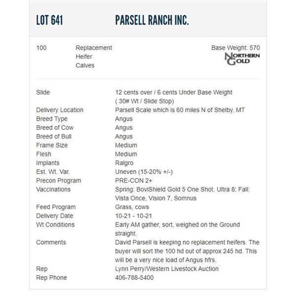 Parsell Ranch Inc. - 100 Replacement Heifers; Base Weight: 570