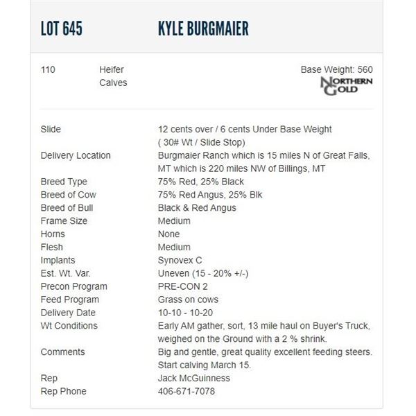 Kyle Burgmaier - 110 Heifers; Base Weight: 560
