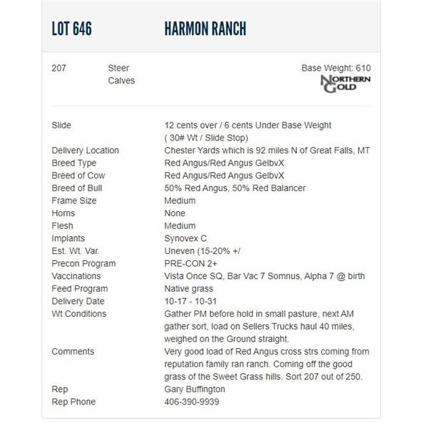 Harmon Ranch - 207 Steers; Base Weight: 610