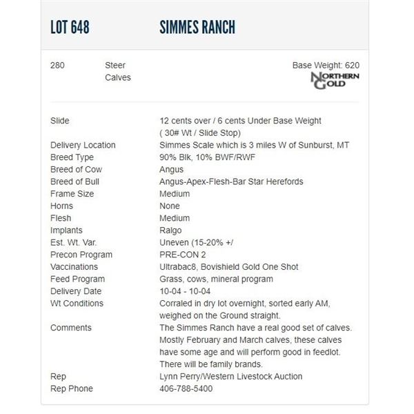 Simmes Ranch - 280 Steers; Base Weight: 620