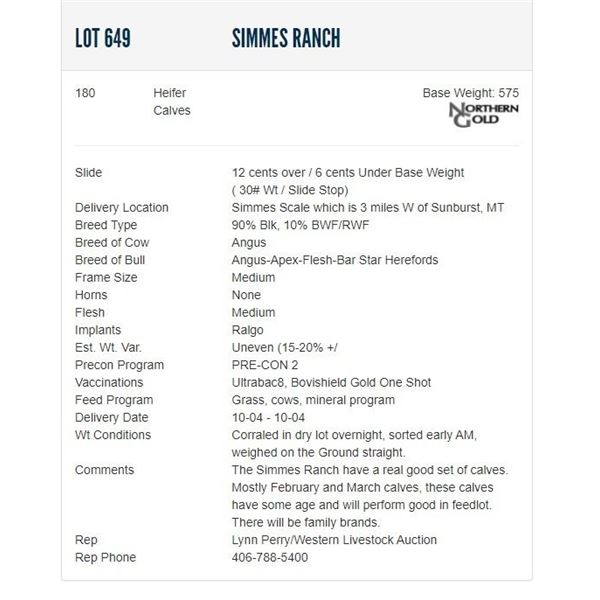 Simmes Ranch - 180 Heifers; Base Weight: 575