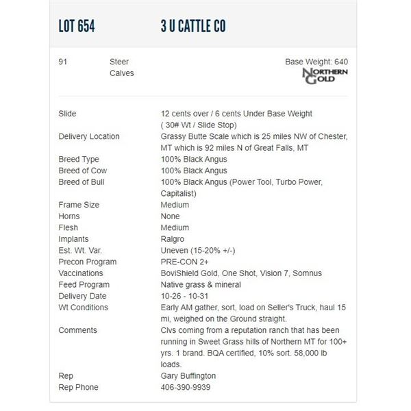 3 U Cattle Co - 91 Steers; Base Weight: 640