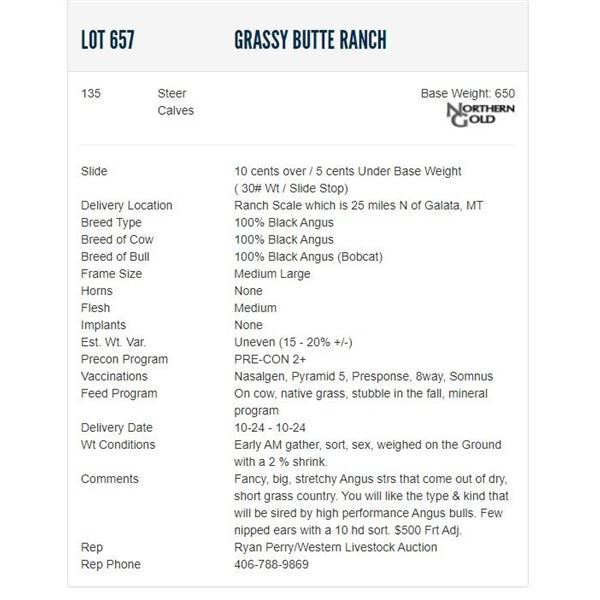 Grassy Butte Ranch - 135 Steers; Base Weight: 650