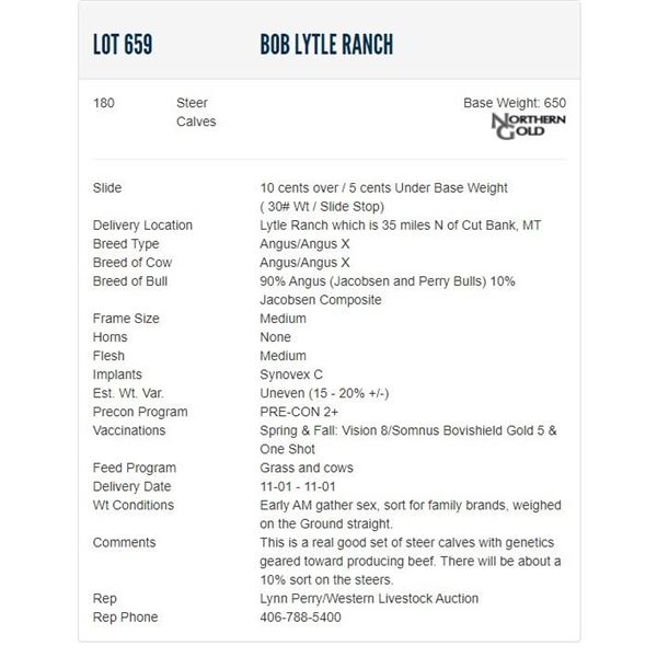 Bob Lytle Ranch - 180 Steers; Base Weight: 650