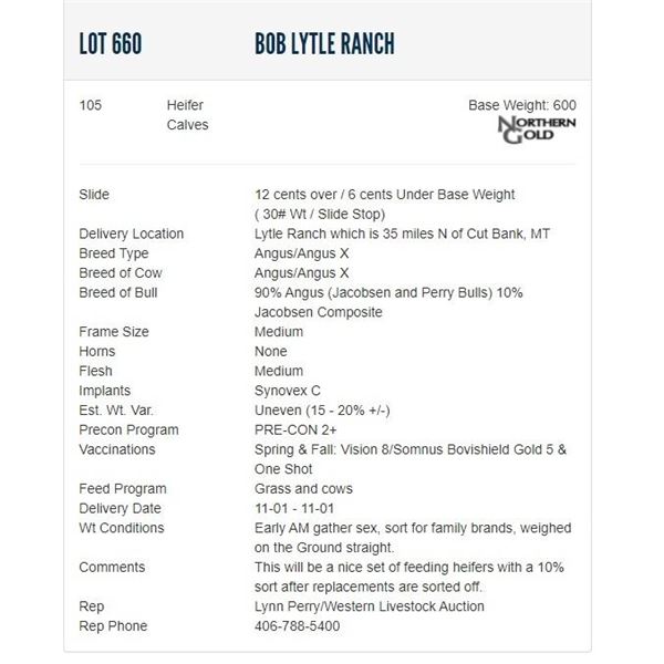 Bob Lytle Ranch - 105 Heifers; Base Weight: 600