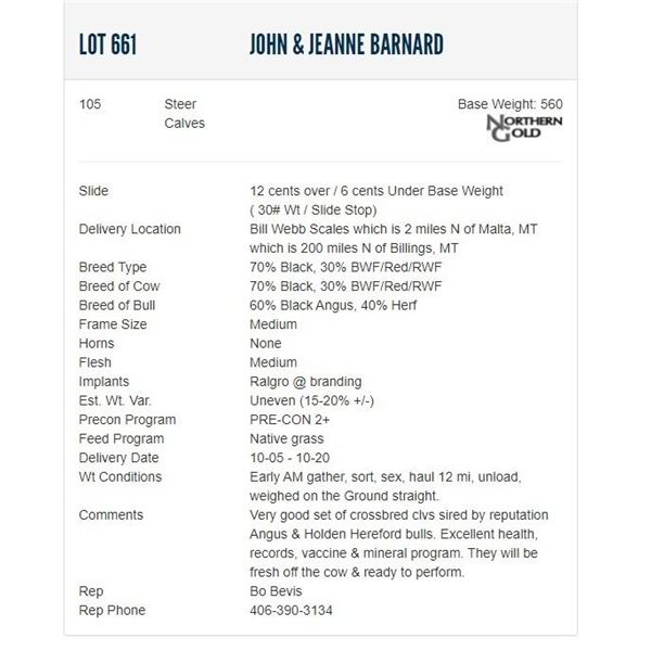 John & Jeanne Barnard - 105 Steers; Base Weight: 560