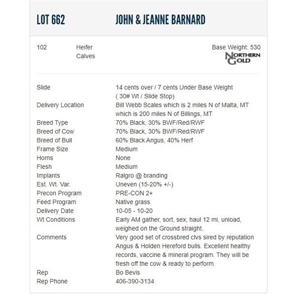 John & Jeanne Barnard - 102 Heifers; Base Weight: 530