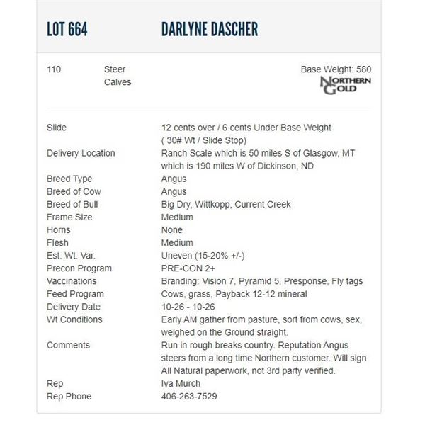 Darlyne Dascher - 110 Steers; Base Weight: 580