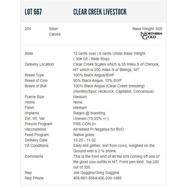 Clear Creek Livestock - 200 Steers; Base Weight: 600