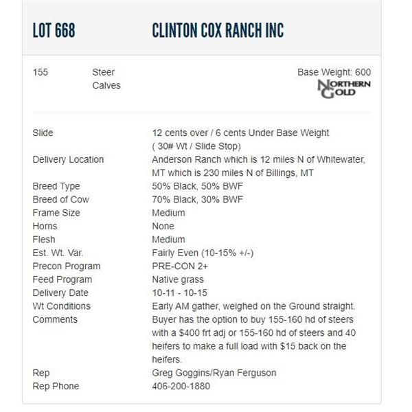 Clinton Cox Ranch Inc - 155 Steers; Base Weight: 600