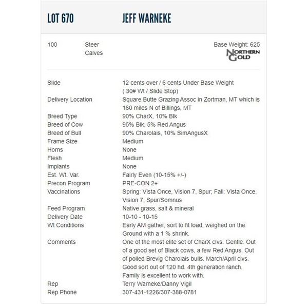 Jeff Warneke - 100 Steers; Base Weight: 625