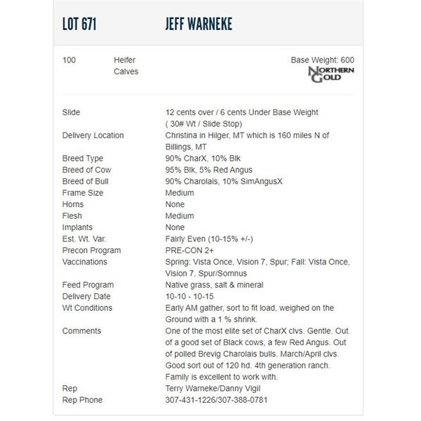 Jeff Warneke - 100 Heifers; Base Weight: 600