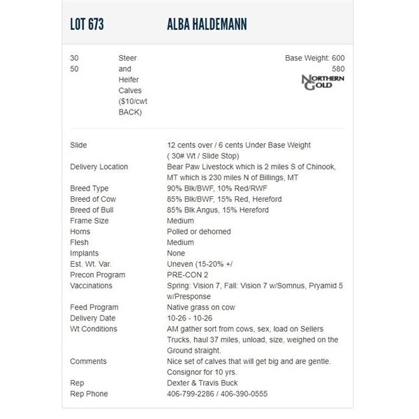Alba Haldemann - 30/50 Steers/Heifers; Base Weight: 600/580