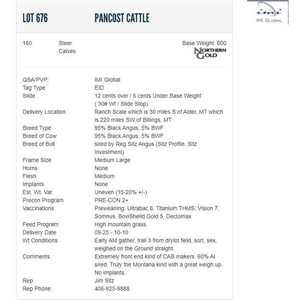 Pancost Cattle - 160 Steers; Base Weight: 600