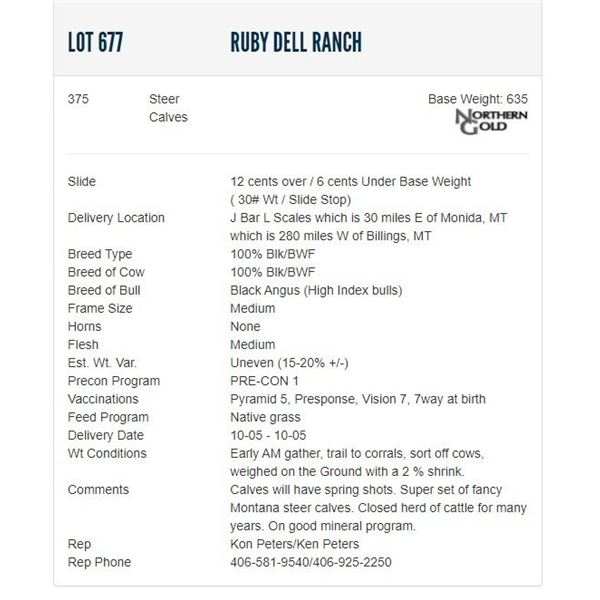 Ruby Dell Ranch - 375 Steers; Base Weight: 635
