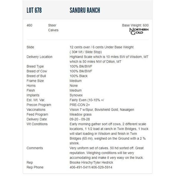 Sandru Ranch - 460 Steers; Base Weight: 600