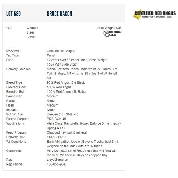 Bruce Bacon - 160 Weaned Steers; Base Weight: 635