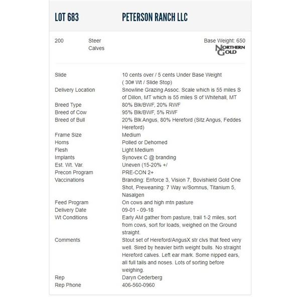Peterson Ranch LLC - 200 Steers; Base Weight: 650