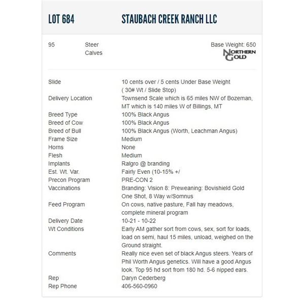 Staubach Creek Ranch LLC - 95 Steers; Base Weight: 650